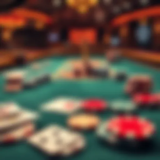 A casino table showing poker chips and playing cards, illustrating the excitement and risk of gambling