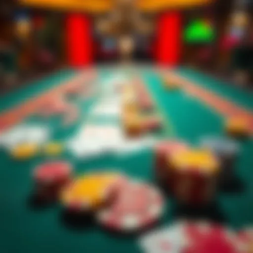 A close-up of a casino table featuring colorful chips and playing cards, showcasing a lively gaming atmosphere.