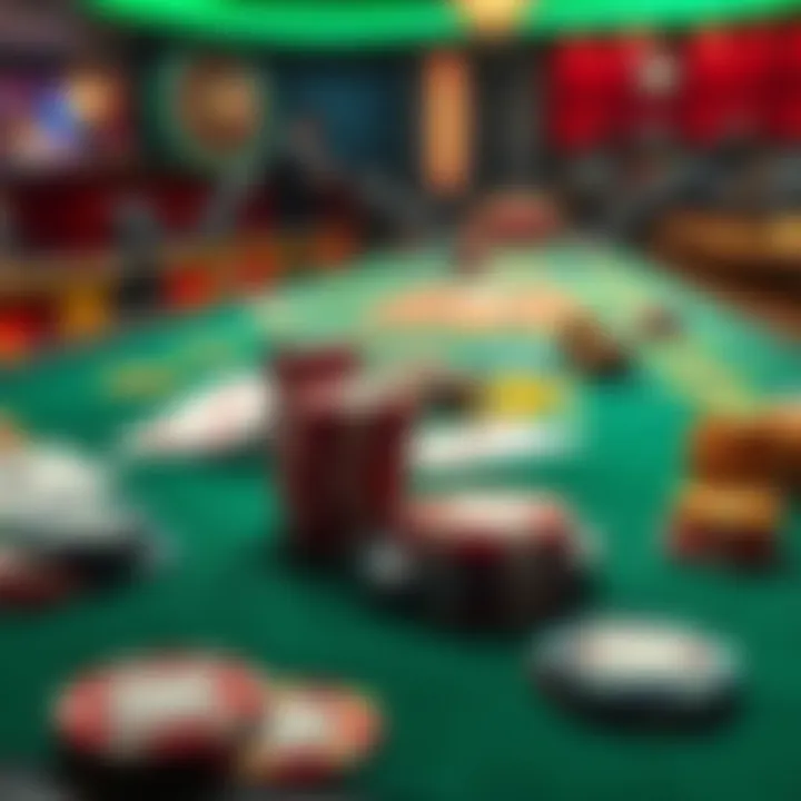 A casino table displaying colorful chips and playing cards, ready for a game