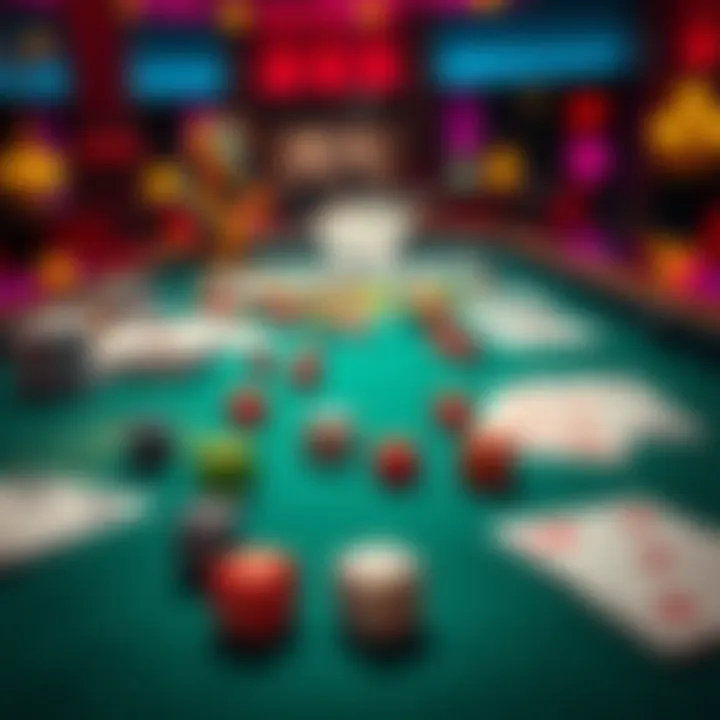 A casino table featuring colorful dice and playing cards, capturing the excitement of gambling and chance