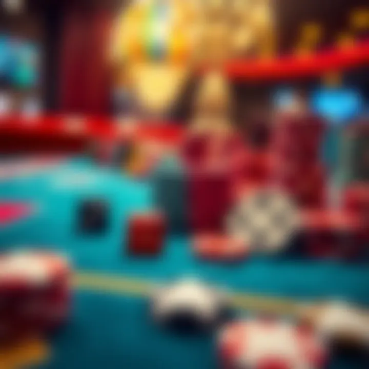 A close-up of a casino table featuring colorful chips and dice, representing the excitement of gambling.