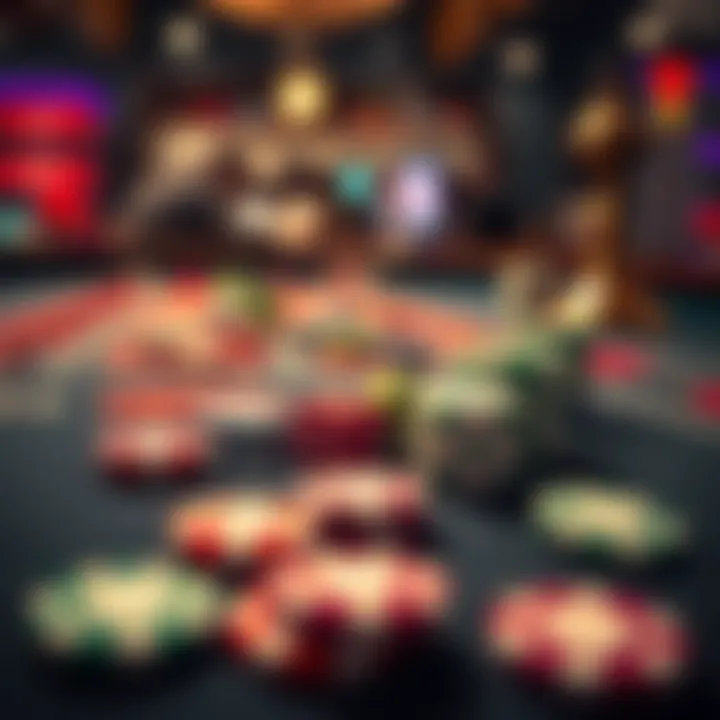 Close-up of a casino table featuring colorful chips and dice, representing the thrill of gambling.