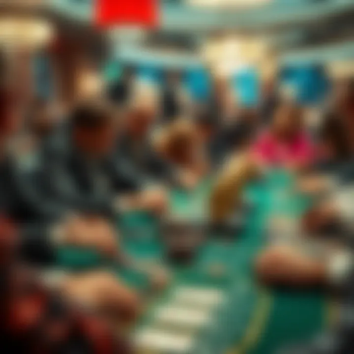 A crowded casino table with players focused on a game of blackjack, showing chips and cards, highlighting tension and strategy