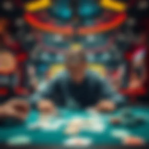 A player looks frustrated at a casino table with cards and chips scattered around, surrounded by bright lights and machinery, showing signs of loss and disappointment.