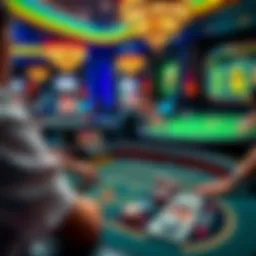 A vibrant casino scene featuring a craps table and a blackjack table with players actively participating.