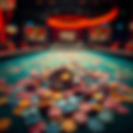 Casino table with lost chips A casino table covered with colorful chips, symbolizing loss and regret in gambling.