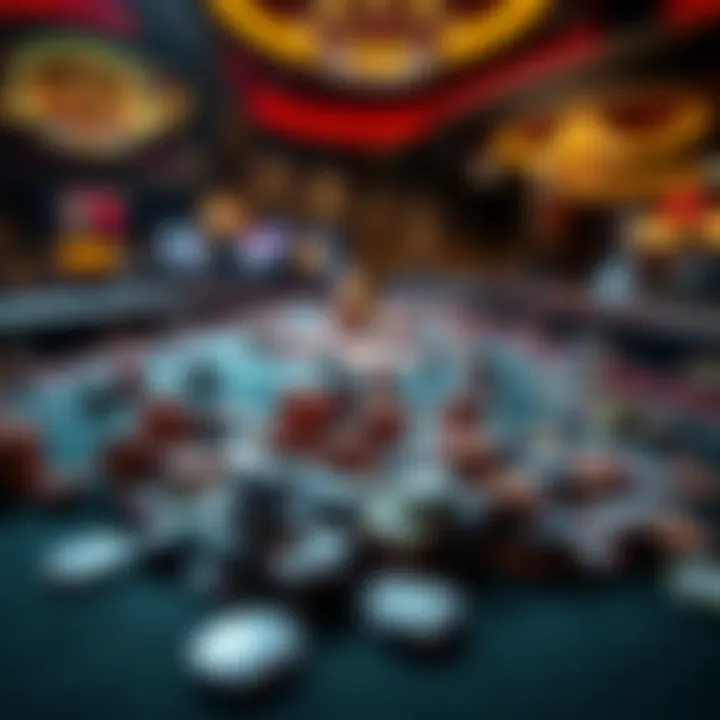 A casino table scattered with poker chips, showing a player's frustration after losing money, highlighted by a dimly lit environment.