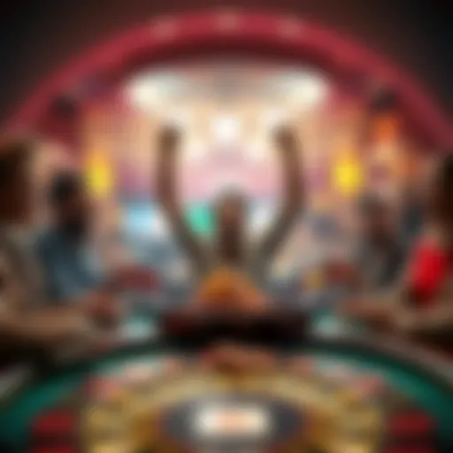 A person celebrates a big win at a casino table surrounded by friends, showcasing a joyful atmosphere.