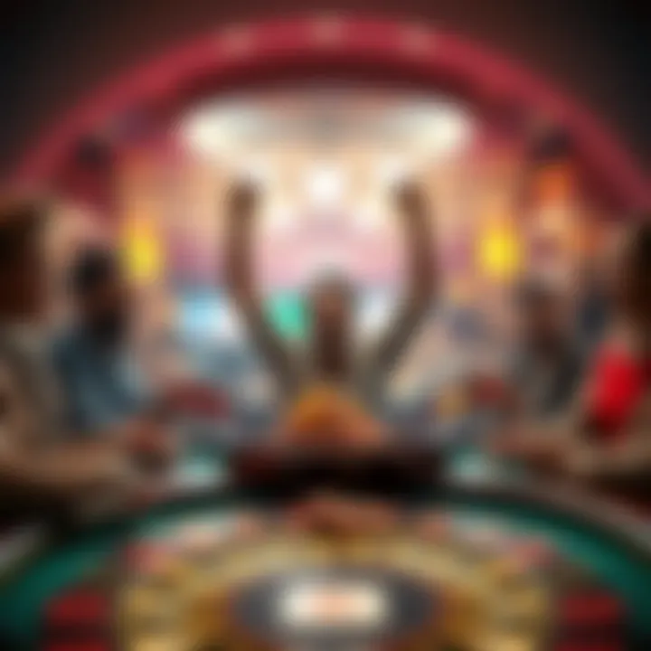 A person celebrates a big win at a casino table surrounded by friends, showcasing a joyful atmosphere.