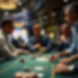 Casino Table with Players A casino table showing players engaged in a game, focusing on a player with a short stack of chips, highlighting strategic decisions in play.