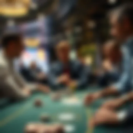 Casino Table with Players A casino table showing players engaged in a game, focusing on a player with a short stack of chips, highlighting strategic decisions in play.