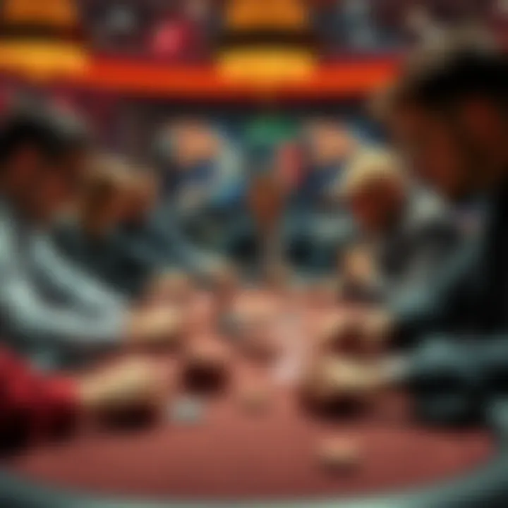 A group of people at a casino table engaged in strategic gameplay, focused on their decisions while playing cards or chips.