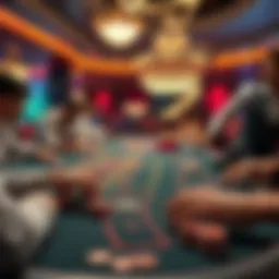A lively casino table scene featuring players placing bets with colorful chips, highlighting the gambling atmosphere