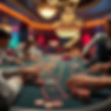 A lively casino table scene featuring players placing bets with colorful chips, highlighting the gambling atmosphere