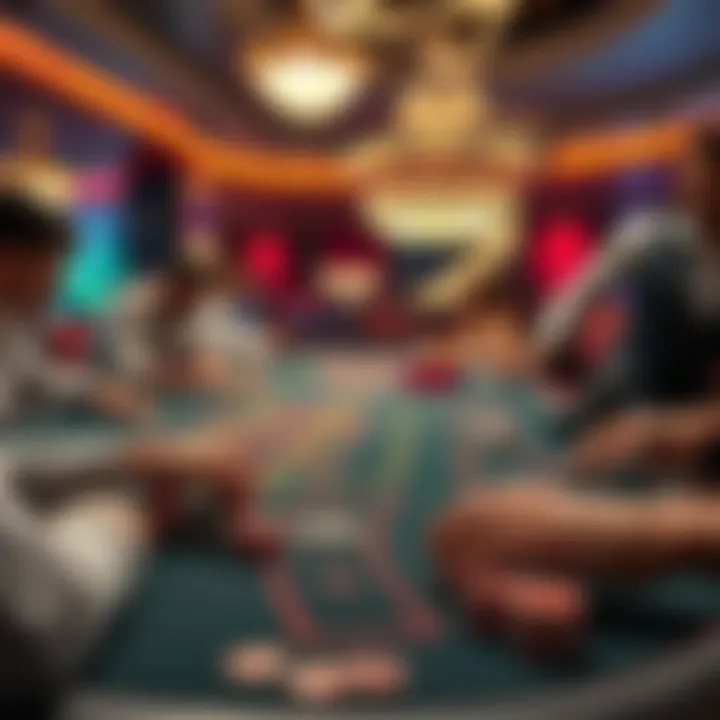 A lively casino table scene featuring players placing bets with colorful chips, highlighting the gambling atmosphere