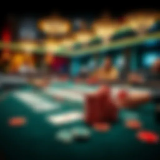 Casino Table with Cards and Chips A busy casino table featuring poker cards and colorful chips, with players engaged in a game.