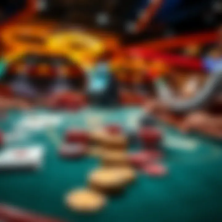 Casino Table with Cards and Chips A lively casino table showing cards, chips, and players engaged in a game using a continuous shuffling machine.