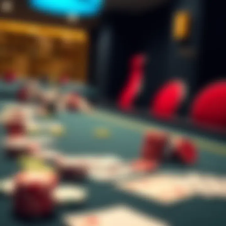 A casino table with colorful chips and cards spread out, indicating a gambling scene.