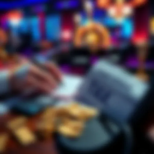 A person calculating taxes with casino winnings beside them, showing notes and a calculator