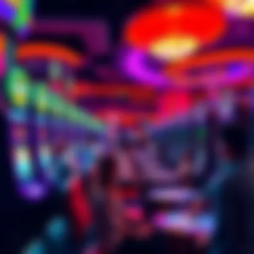 A vibrant casino floor featuring modern gaming machines and excited people playing cards and slots.