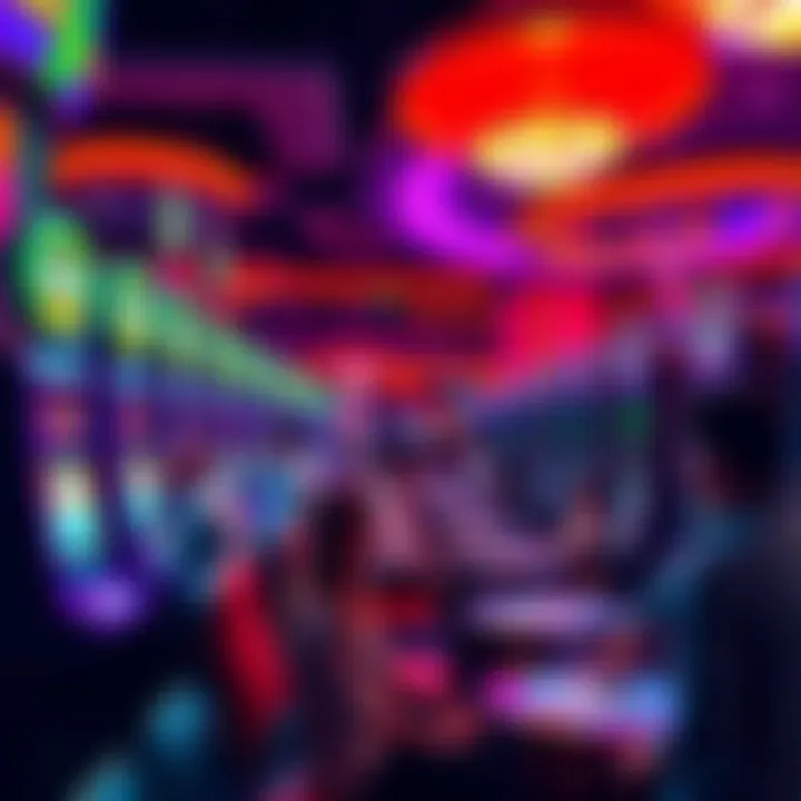 A vibrant casino floor featuring modern gaming machines and excited people playing cards and slots.