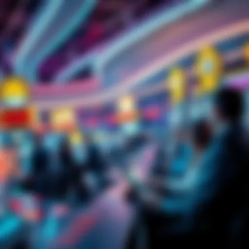 A futuristic casino scene showing people using advanced technology and enjoying gaming experiences.