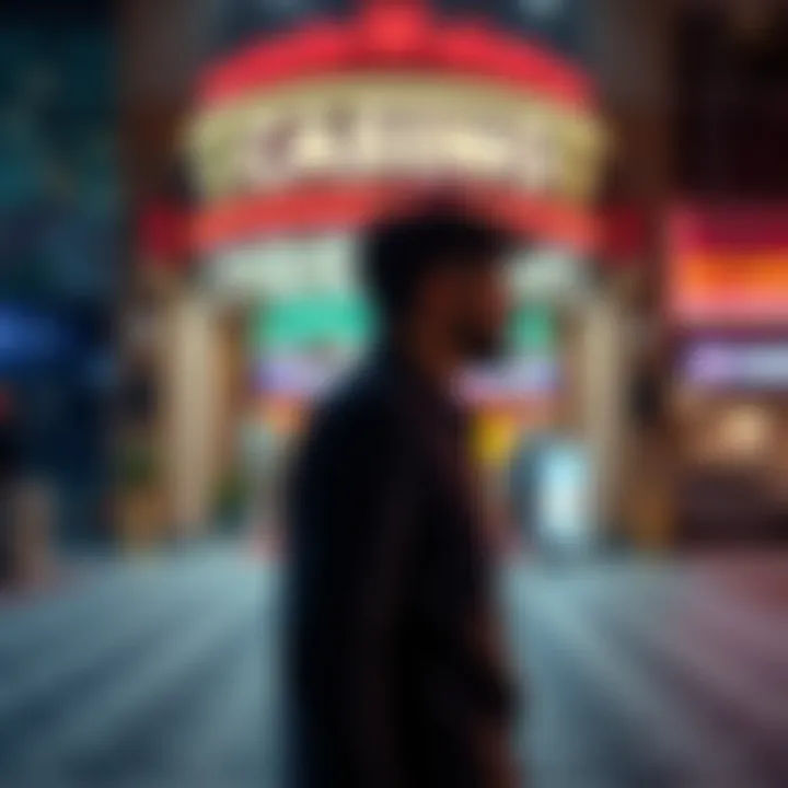 A person standing outside a casino, contemplating their visit schedule. The casino entrance is visible with bright lights and signage.