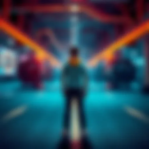 A young person standing at a crossroads, contemplating a career path with casino lights on one side and factory gears on the other