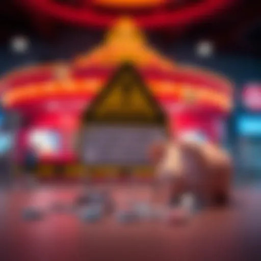 Casino Warning A warning sign in front of a casino, symbolizing the dangers of online gambling, with a broken piggy bank nearby.