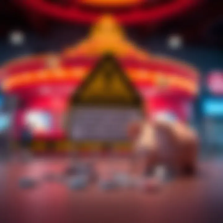 Casino Warning A warning sign in front of a casino, symbolizing the dangers of online gambling, with a broken piggy bank nearby.