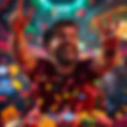 A joyful player celebrating a big win in a casino surrounded by colorful shining crystals
