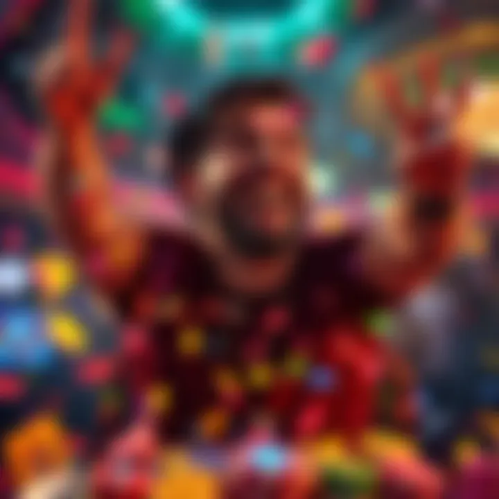 Casino win celebration A joyful player celebrating a big win in a casino surrounded by colorful shining crystals