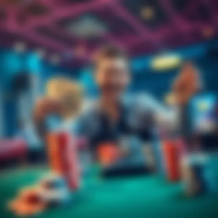 A happy player celebrating a big casino win with cash in hand and chips stacked on the table.