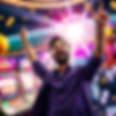 A person celebrating a big win at a casino slot machine, with bright lights and coins around them.