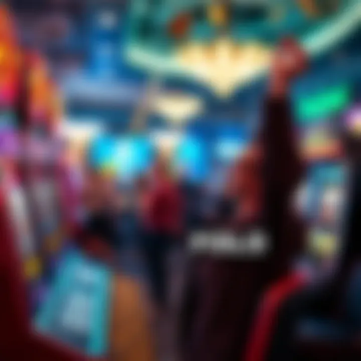 A person celebrating a big win at a slot machine in a busy casino, with coins and lights in the background.
