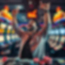 A player celebrating a victory in a casino after a one dollar bet, surrounded by game machines and chips.