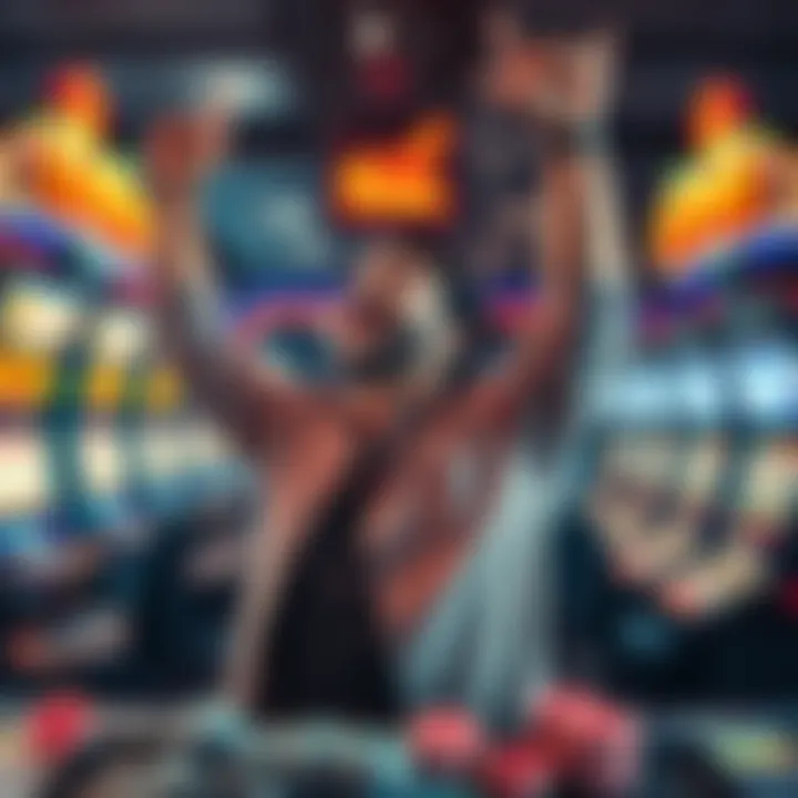 A player celebrating a victory in a casino after a one dollar bet, surrounded by game machines and chips.