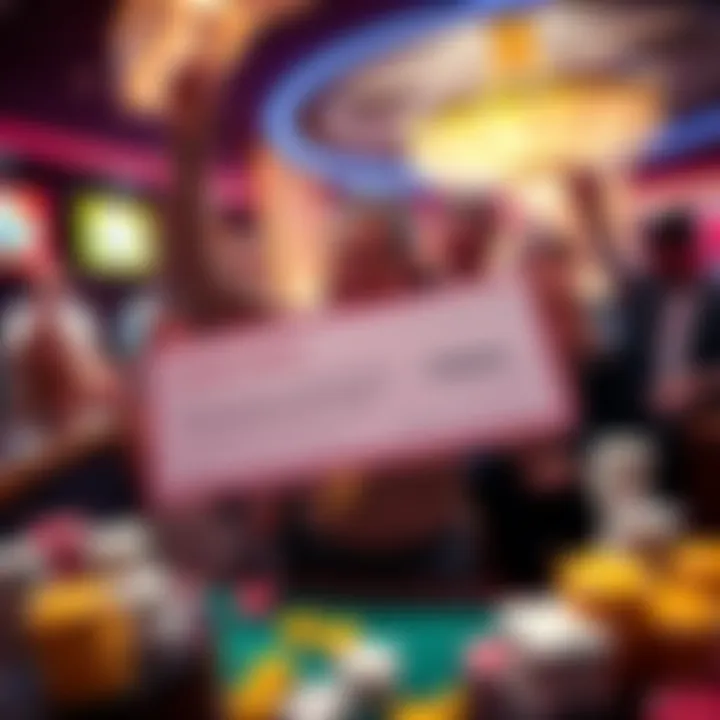 A smiling player holding a large winning check in a casino surrounded by cheering friends and staff.