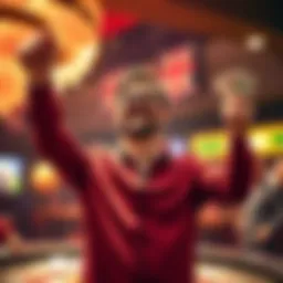A happy man celebrating a big casino win with arms raised and cash in hand