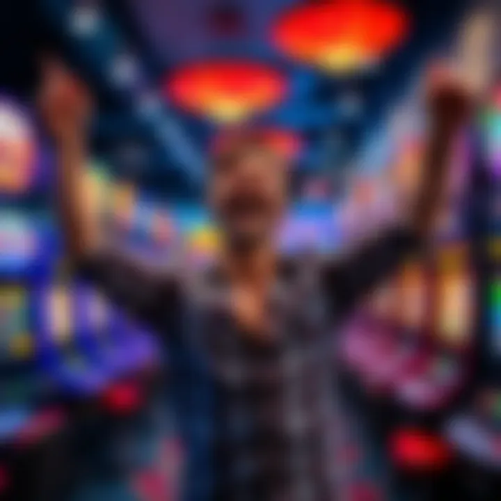 A happy player celebrating a big win in a casino, surrounded by colorful slot machines and cheerful atmosphere.