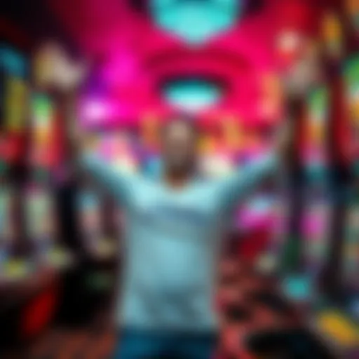 A player celebrates a big win in a casino with a bright smile and raised arms, surrounded by colorful slot machines and festive lights.