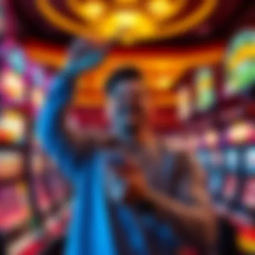 A happy player celebrating a big win in a casino, holding cash and surrounded by bright lights and slot machines