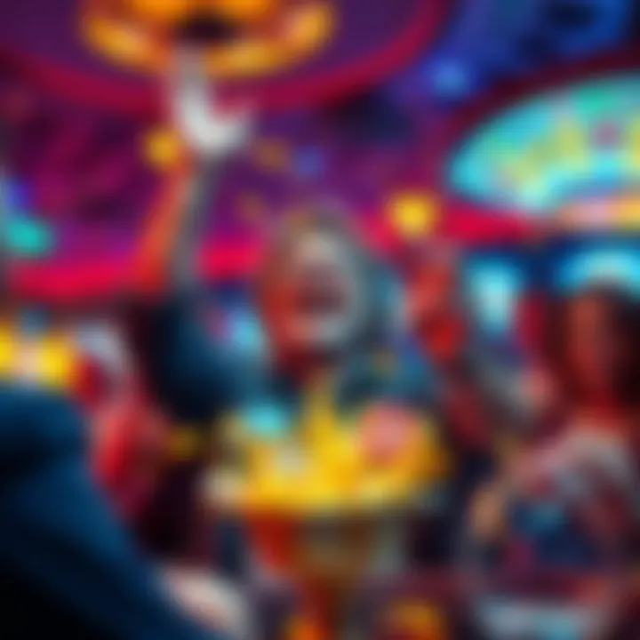 A joyful person celebrating a significant win in a casino, surrounded by friends and colorful lights.