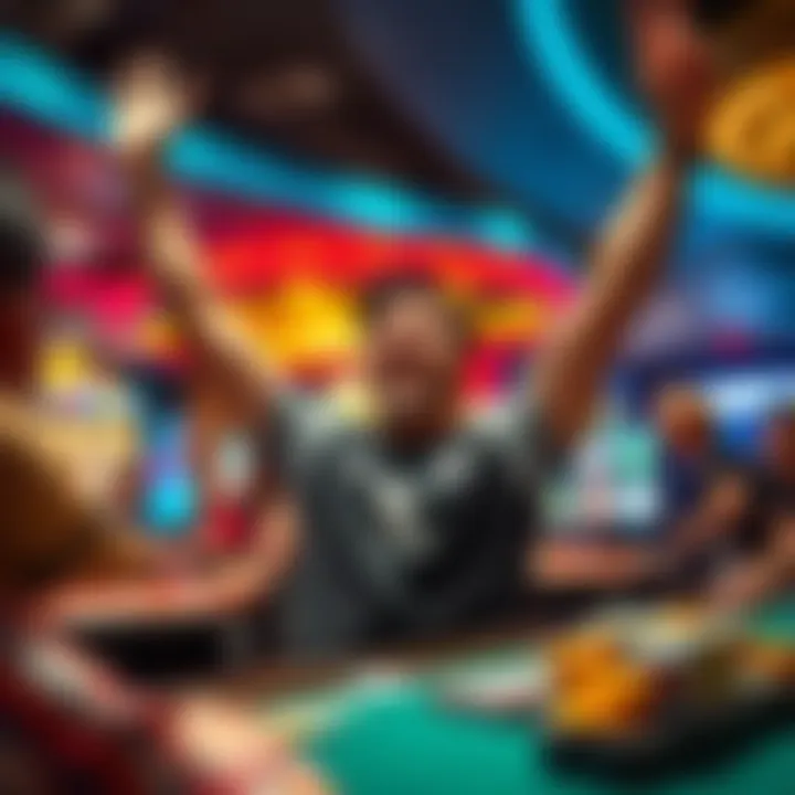 A player smiles and raises arms in joy after winning at a casino table, while others watch nearby