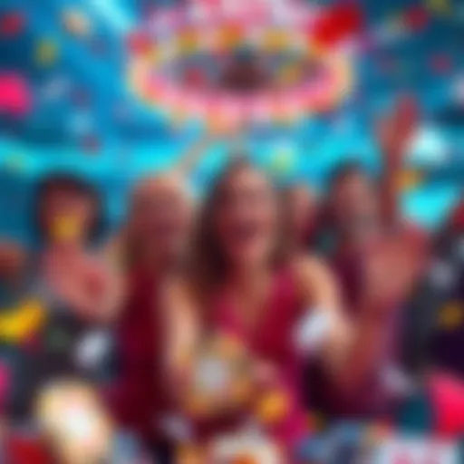 A group of happy casino winners celebrating their big wins with smiles and confetti around them, showcasing excitement and success in gambling.