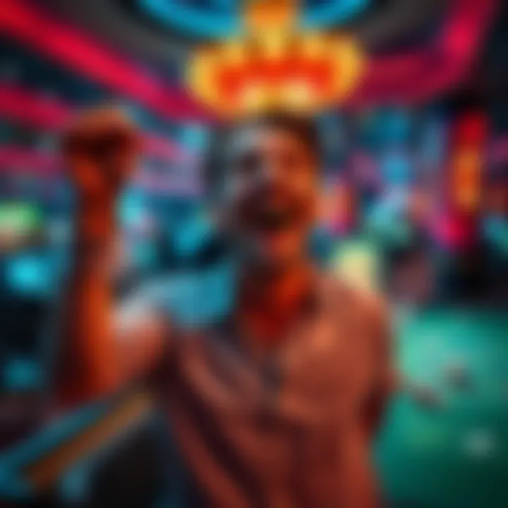 A person celebrating a casino win, with chips and a table game in the background, showing excitement and joy after turning losses into profits.