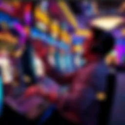 A player celebrating a big win at a slot machine in Hardrock Hollywood FL, with colorful lights and coins scattered around.