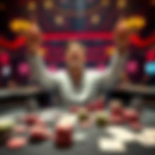 A person celebrating a big win at a casino table with chips and cards around them