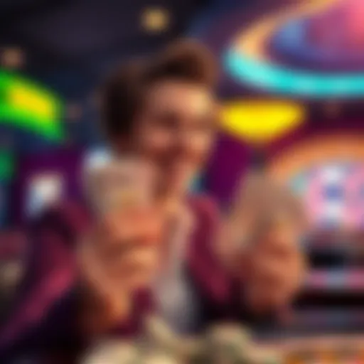 A person smiling while holding cash at a casino, celebrating a big win from a freeplay bonus.