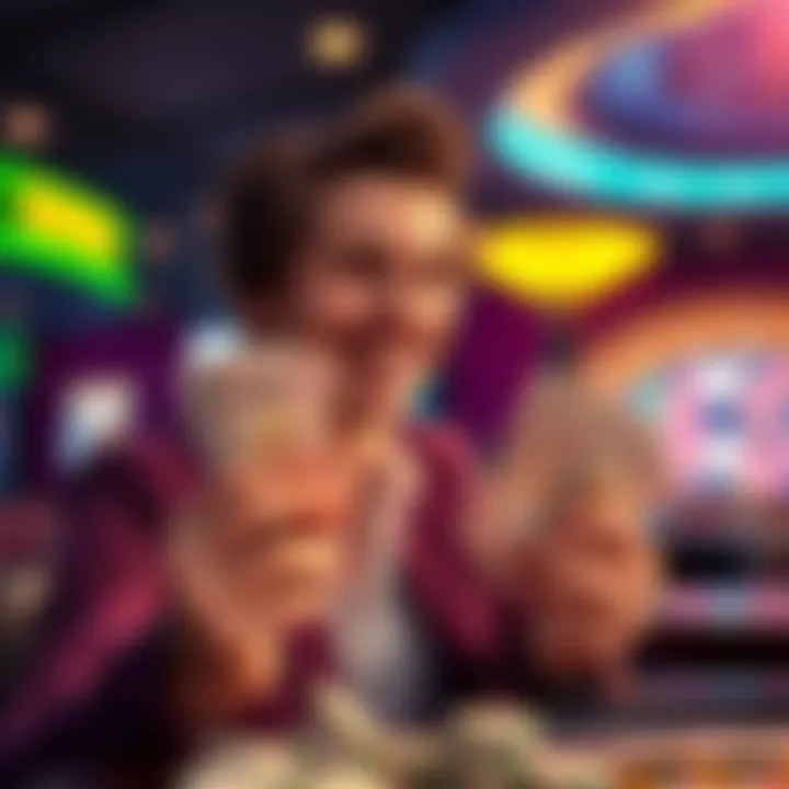 A person smiling while holding cash at a casino, celebrating a big win from a freeplay bonus.